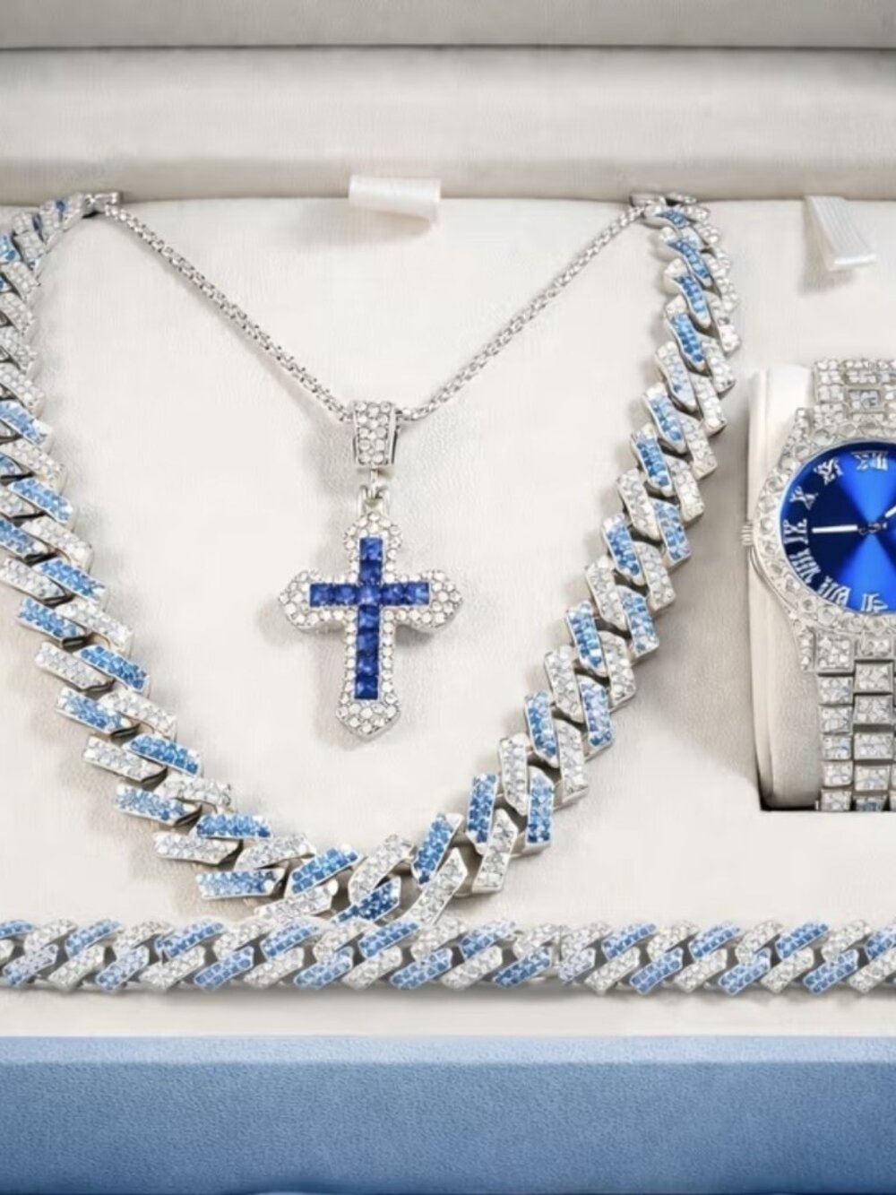 5-Piece Men's Silver and Blue Fashion Cuban Link Bracelet and Watch Set